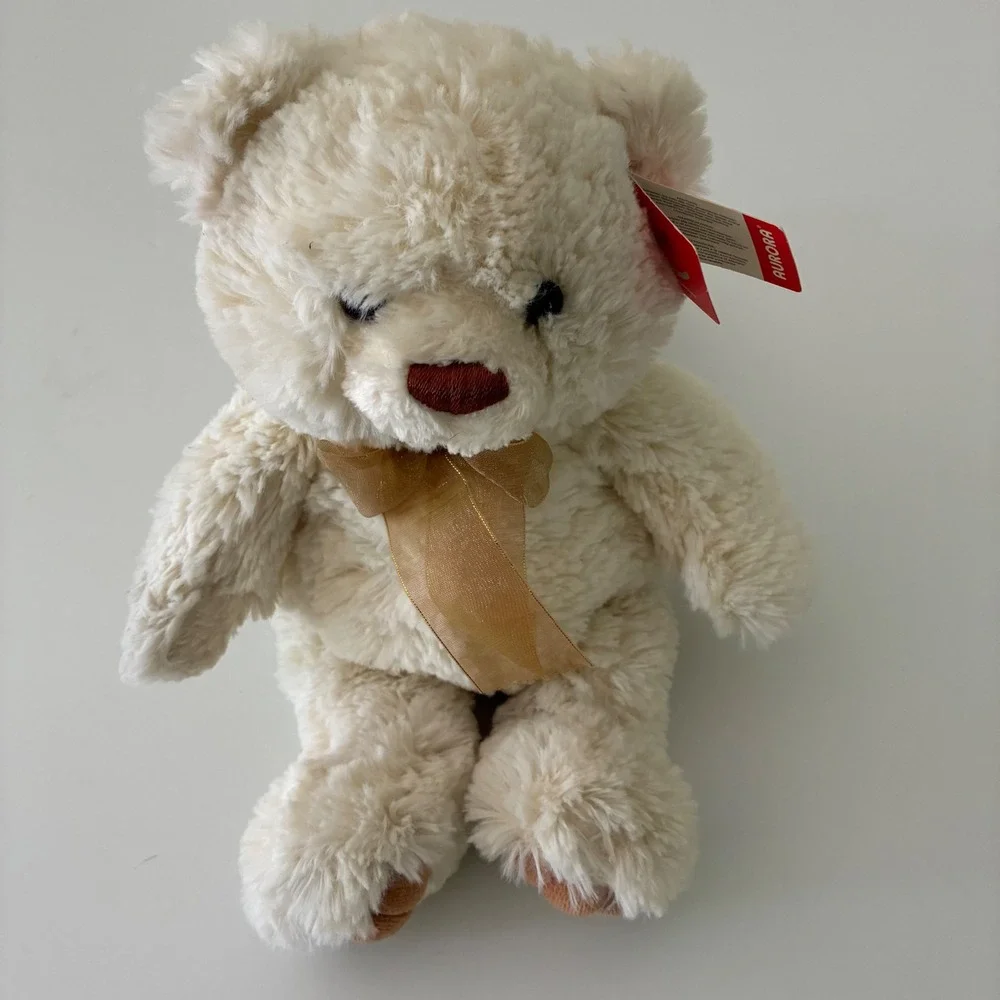 Aurora World Belle Cream Shaggy Teddy Bear Bow Plush Stuffed Animal 12 inch